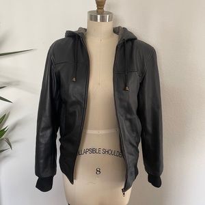 The Jacket Maker Men Size Small Black Leather Hooded Bomber Jacket